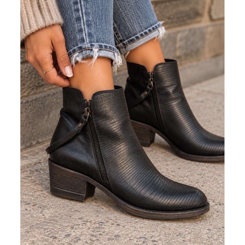 I.N.K Black Textured Leather Ankle Block Heel Side Zip Booties MSRP $500